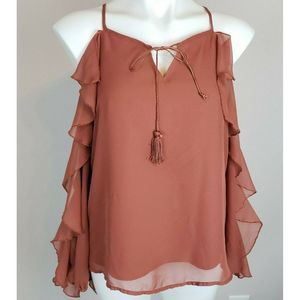 Fourteenth Place Rust Red Orange Cold Shoulder Long Ruffle Sleeved Top S EUC